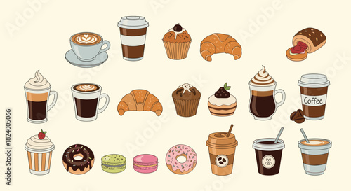 Delicious collection of coffee and bakery items featuring muffins croissants donuts macarons and various coffee drinks.