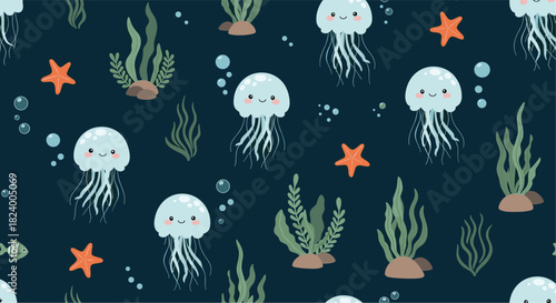 Enchanting seamless pattern depicts adorable jellyfish starfish and various seaweed species with bubbles in a deep blue underwater world.