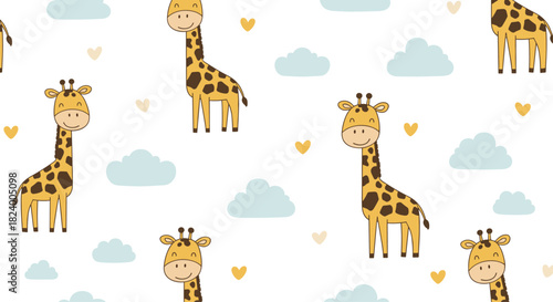 Adorable seamless pattern features cute cartoon giraffes floating among fluffy blue clouds and tiny hearts on a pristine white backdrop.