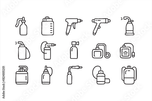 Sterilization and sanitation spray tool icon set for medical use
