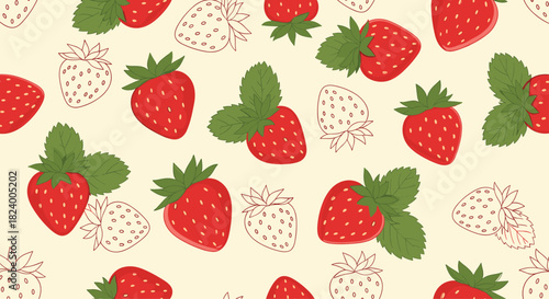 Delightful seamless pattern showcases juicy red strawberries and fresh green leaves alongside elegant outline illustrations on a soft cream background.