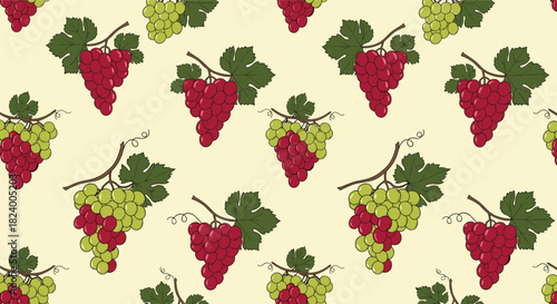 Beautiful seamless pattern displays a variety of colorful grapes in vibrant red and lush green with delicate leaves and tendrils.