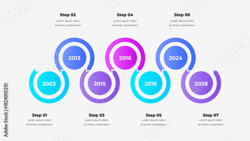 Seven Steps Timeline Infographic Vector. Gradient Circular Split Ring Diagram with 7 Steps for Roadmap. Planning. Growth and Milestones