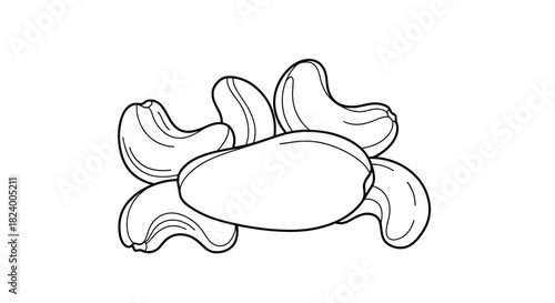 Simple line-art illustration features a delicious pile of cashew nuts presented in a clean and appealing outline style.