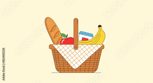 Quaint picnic basket neatly packed with a fresh baguette a ripe apple a cup and a yellow banana for an outdoor meal.