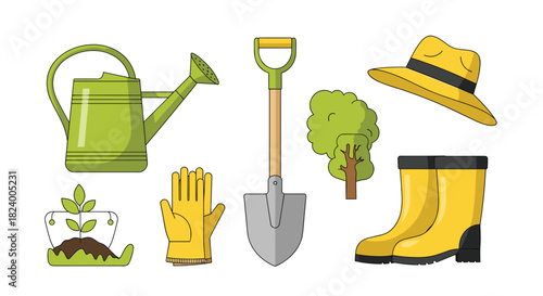 Comprehensive collection of gardening essentials including a watering can seedling gloves shovel tree and protective boots and hat.
