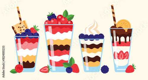 Delicious collection of four layered berry trifles or parfaits featuring strawberries blueberries raspberries and blackberries in elegant glasses.