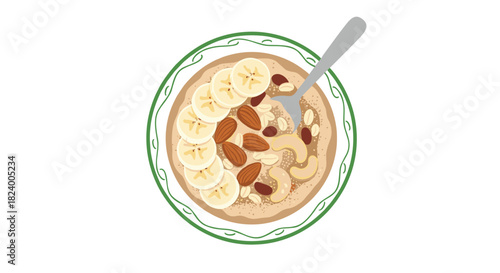 Healthy breakfast bowl of oatmeal or porridge topped with fresh sliced bananas crunchy almonds and cashews served with a fork.