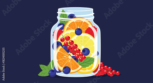 Refreshing mason jar brimming with sliced oranges lemons blueberries red currants raspberries and fresh mint leaves.