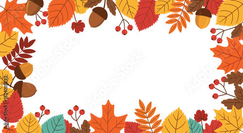 Festive autumn frame gracefully surrounds a pristine white central space adorned with vibrant fall leaves and acorns.