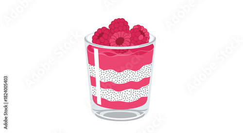 Delightful chia seed pudding with vibrant raspberry layers is elegantly served in a clear glass and topped with fresh raspberries.