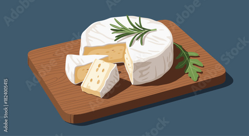 Delicious camembert cheese wheel expertly sliced and garnished with fresh rosemary and arugula rests on a rustic wooden board.