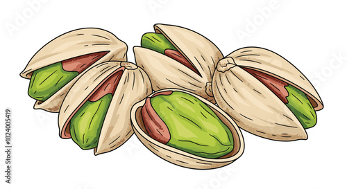 Delicious pile of pistachios showcasing both shelled and in-shell nuts is beautifully illustrated in a detailed cartoon style.