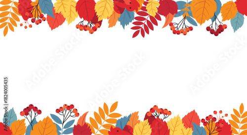 Vibrant autumn frame gracefully surrounds a pristine white central space adorned with a rich array of colorful fall leaves and red berries.