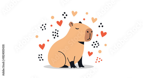 Adorable cartoon capybara sits peacefully surrounded by charming hearts and playful abstract dots against a white background.