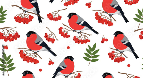 Seamless pattern showcasing vibrant red bullfinch birds perched on branches adorned with bright rowan berries and green leaves.