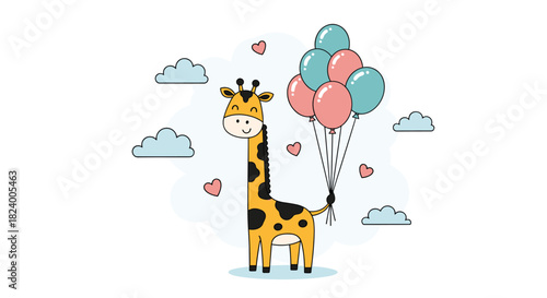 Adorable cartoon giraffe with a cheerful smile holds a colorful bouquet of balloons floating among fluffy clouds and tiny hearts.