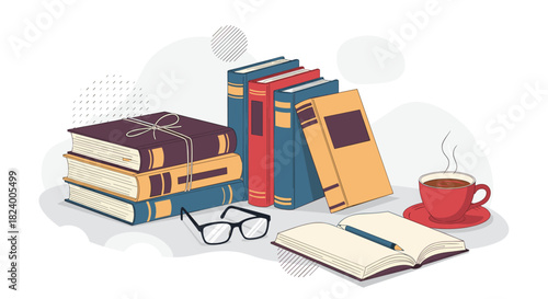 Cozy reading scene with a stack of old books glasses an open book with a pencil and a steaming hot cup of coffee.