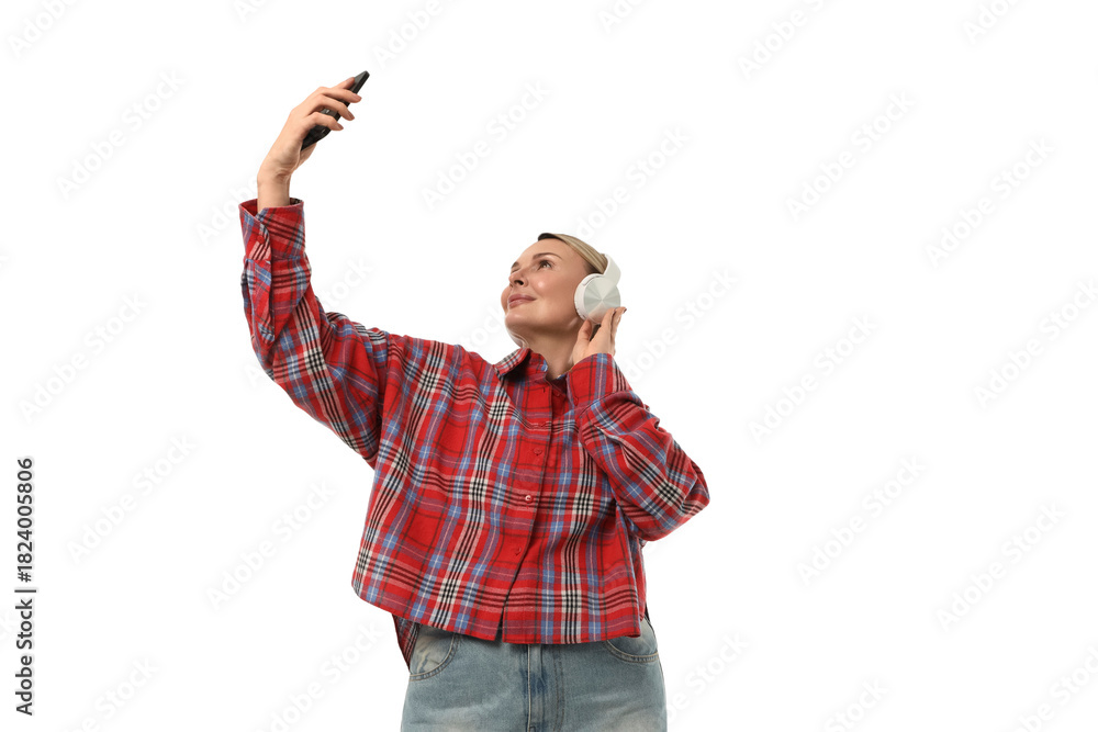 Fototapeta premium Person enjoying music and capturing a selfie, isolated on white, PNG