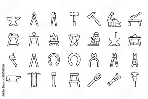 Farrier horseshoe and forge equipment icons for metal craft