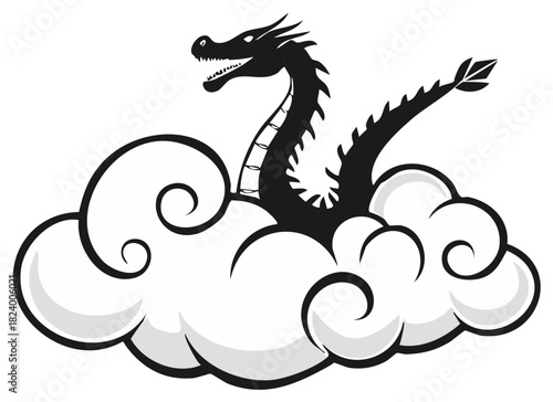Mythological Asian dragon silhouette emerging from stylized swirling clouds vector illustration