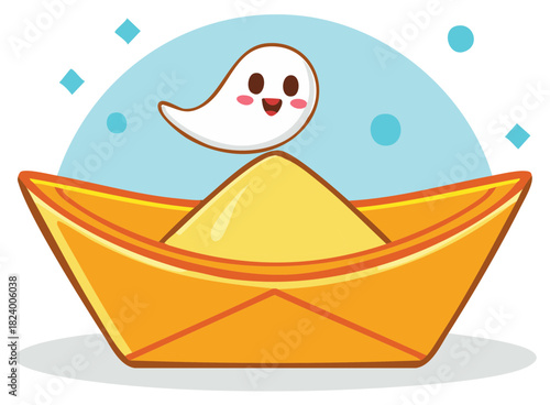 Happy ghost character sailing on a paper boat cartoon vector illustration