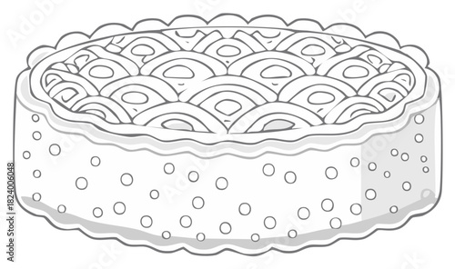 Detailed line art illustration of a round dessert pie cake with decorative crust and polka dot pattern