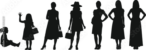 Female life stages silhouettes, woman growth vector, black graphic design, age progression illustration, fashion pose, minimal decor element
