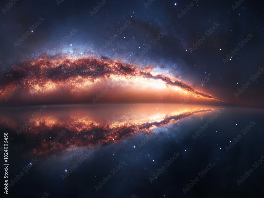 Fototapeta premium Vibrant cosmic scene reflecting on still water under a starry sky