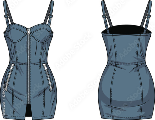 Cad drawing flat vector illustration, denim-style mini dress design, fashion sketch, technical garment outline, sweetheart neckline, zip pockets
