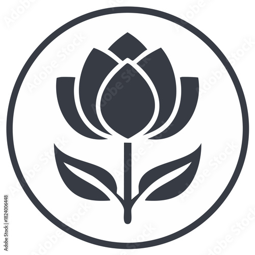 Lotus Icon in Circle Frame, Simple Flower Symbol,  Minimalist Design