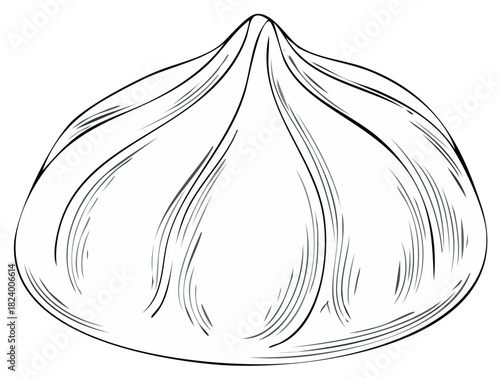 Hand drawn sketch of a traditional Asian steamed dumpling or baozi. Black and white line art illustration of food.