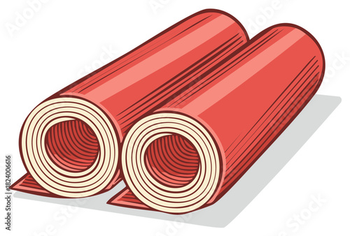 Two tightly rolled red yoga mats or exercise mats side by side with shadow