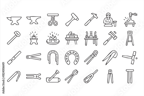 Blacksmith anvil and hammer metal forging tool vector set