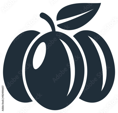 Three Dark Plums with Stem and Leaf Icon Simple Flat Design Vector Illustration Fruit Graphic