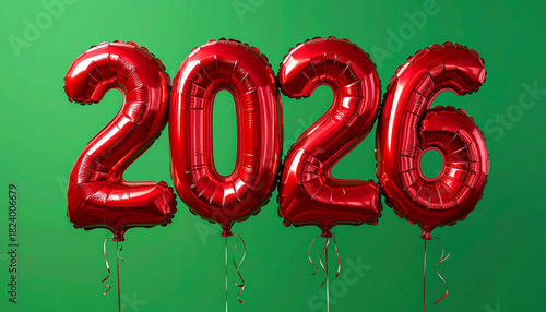 A set of four vibrant red foil number balloons spelling out the year 2026 with hanging strings, symbolizing a festive future event or new year celebration against a green background