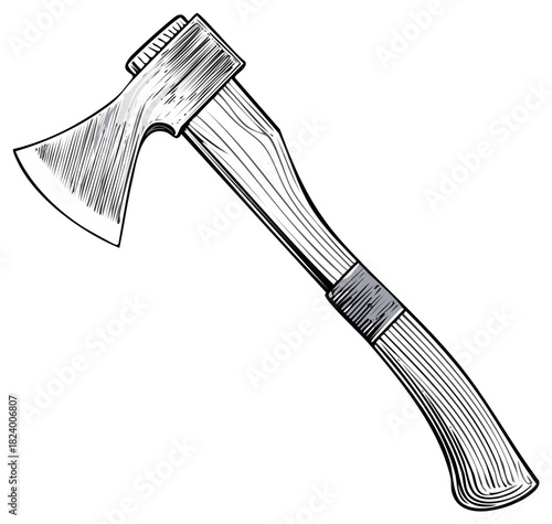 Vintage sketch style illustration of a classic hand axe with a wooden handle