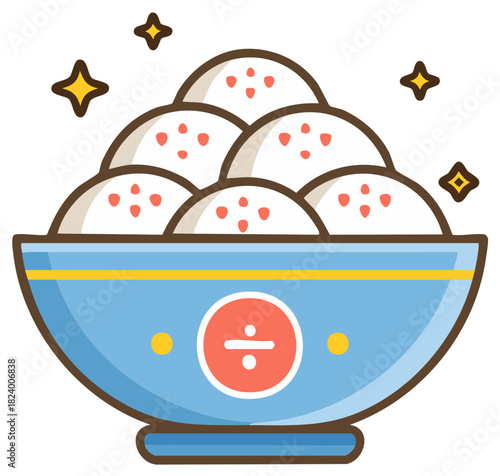 Bowl of Rice Balls with Red Dots and Dividing Symbol Asian Food Cute Style Illustration