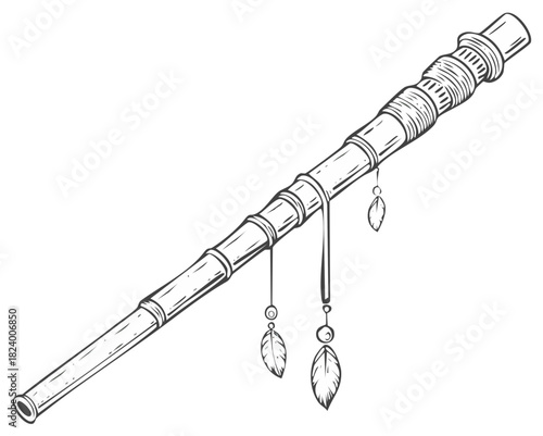 Detailed Line Art of Bamboo Flute Instrument with Feather Ornaments and Wrapped Sections