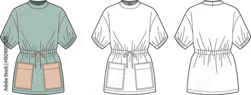 Cad drawing flat vector illustration, tunic top design, fashion sketch, technical garment outline, drawstring waist, patch pockets, short sleeves