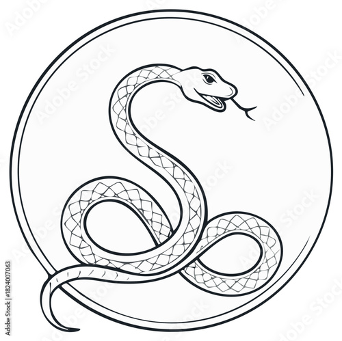 Simple line art illustration of a coiled snake with flicking tongue contained within a double circular border