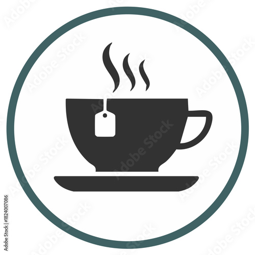 Silhouette of a steaming cup of tea with a saucer and teabag in a round icon