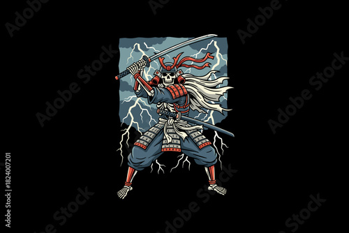 Samurai warrior in traditional armor wielding swords with lightn