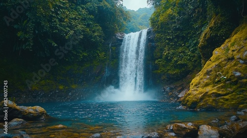 A waterfall is flowing into a small body of water