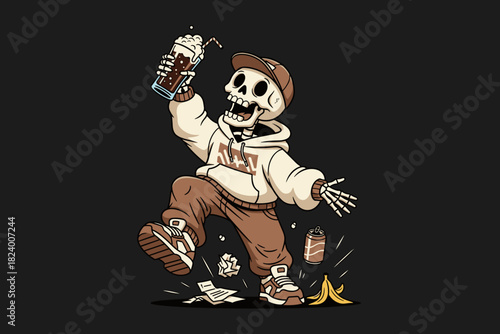 Dancing Skeleton Enjoying a Beverage with a Hip Hop Vibe.