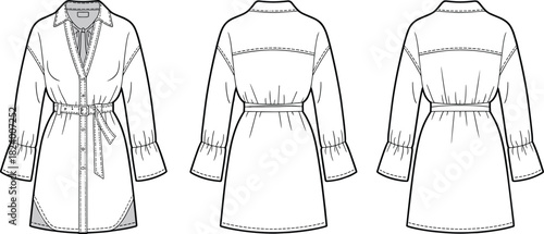 Cad drawing flat vector illustration, belted shirt dress design, flared cuff fashion sketch, technical garment outline, button front collar
