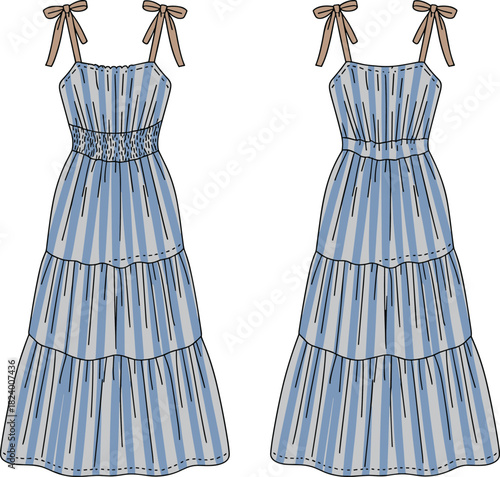 Cad drawing flat vector illustration, tiered maxi dress design, fashion sketch, technical garment outline, shoulder tie straps, striped pattern