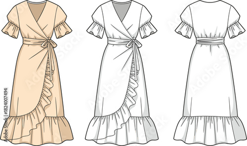 Cad drawing flat vector illustration, wrap dress design, ruffled sleeve fashion sketch, technical garment outline, tie waist, V-neckline