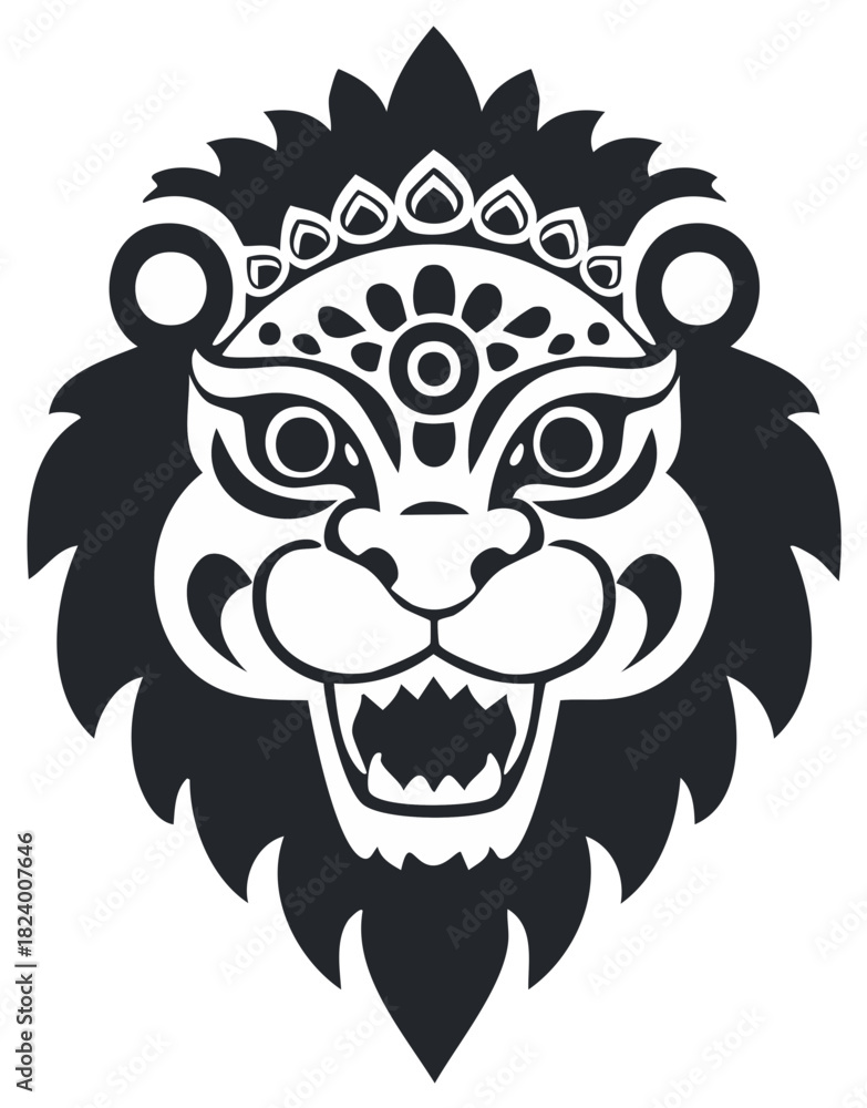 Obraz premium Stylized Lion Head Illustration with Decorative Crown, Tribal Art Graphic Vector