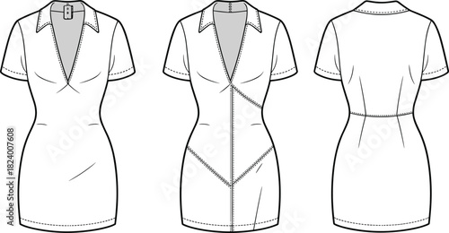 Cad drawing flat vector illustration, collared dress design, fashion sketch, technical garment outline, V-neckline, geometric seams, fitted silhouette